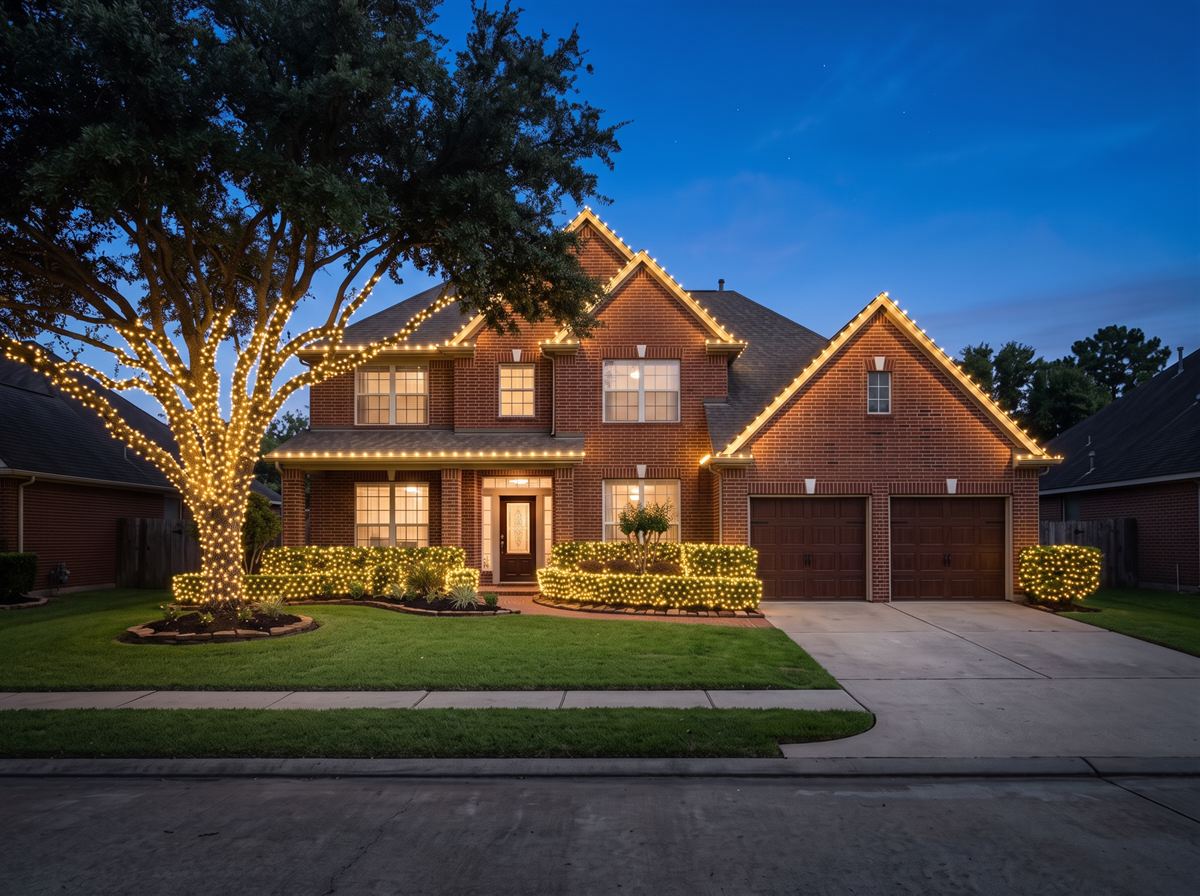 The same two-story brick home with warm white roofline lights, a light-wrapped oak tree and glowing front bushes