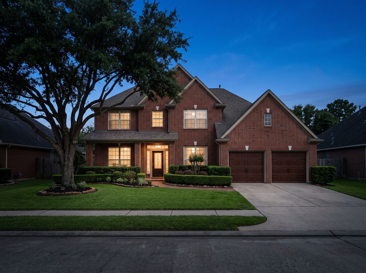 Two-story brick home at dusk with no Christmas lights