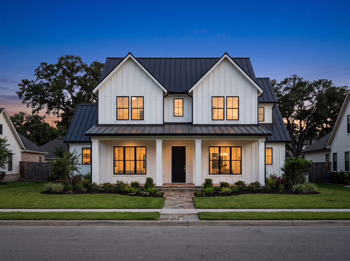 White modern farmhouse at dusk with no Christmas lights