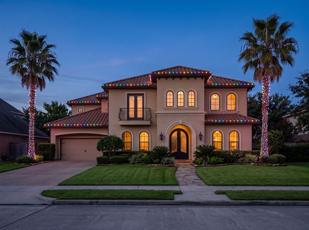 The same Mediterranean home with multi-color roofline lights and light-wrapped palm trees