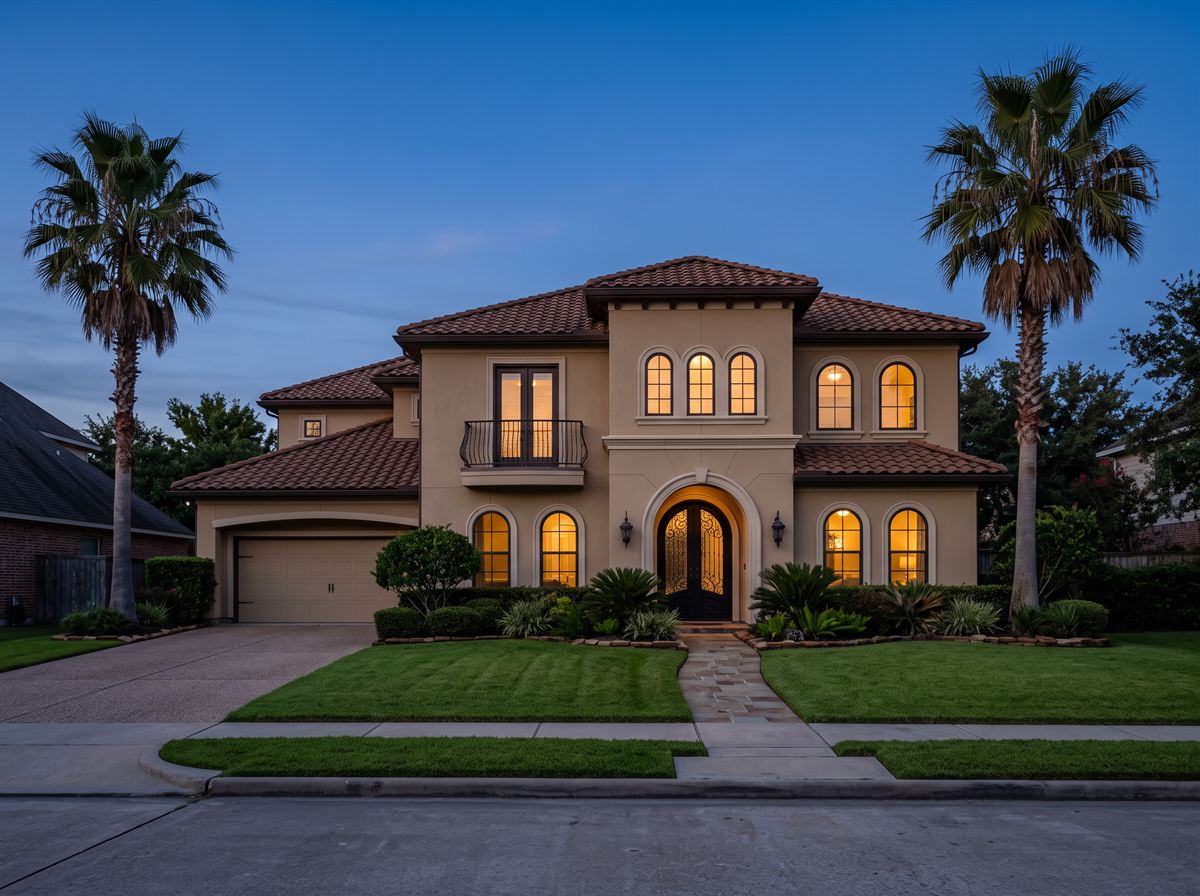 Mediterranean stucco home with palm trees at dusk with no Christmas lights