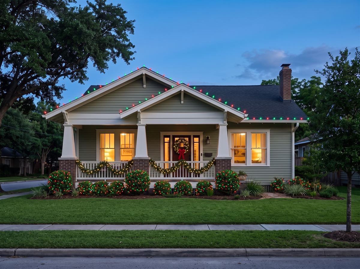 The same bungalow with red and green roofline lights, lit porch garland, a wreath and glowing shrubs